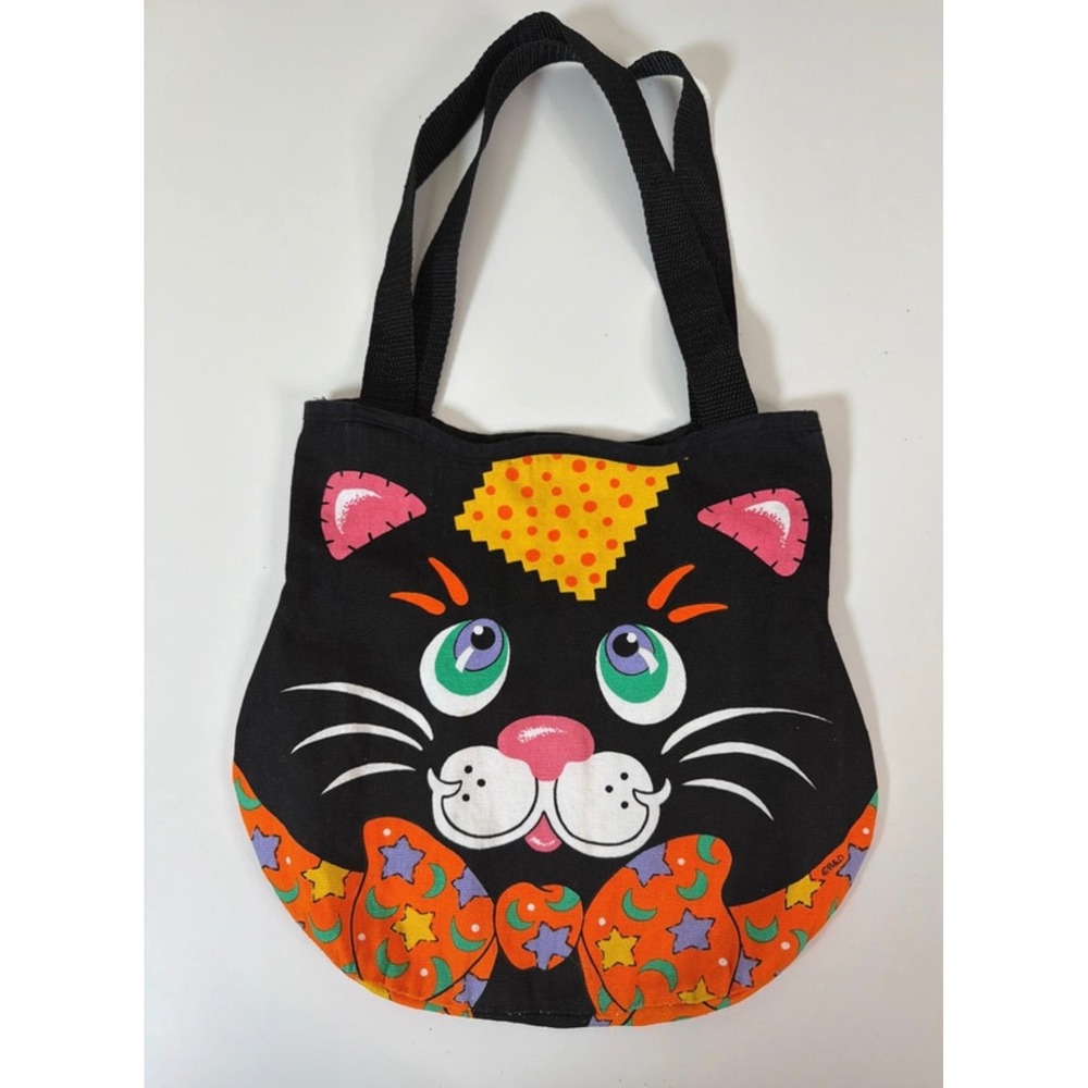 Vintage Halloween Cat Face Novelty Tote Bag Graphic Reusable Cotton Whimsical